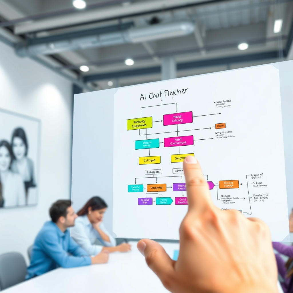A hand pointing at a diagram on a whiteboard that illustrates the architecture of an AI chat system. The diagram is colorful and easy to understand. The background shows a team of people collaborating around a table. Lighting is bright and even. The color palette is a mix of primary and secondary colors. Camera angle is a medium shot showing the hand, the diagram, and the team. Texture details should be sharp and clear. Technical specs: High-quality rendering, 4K resolution.