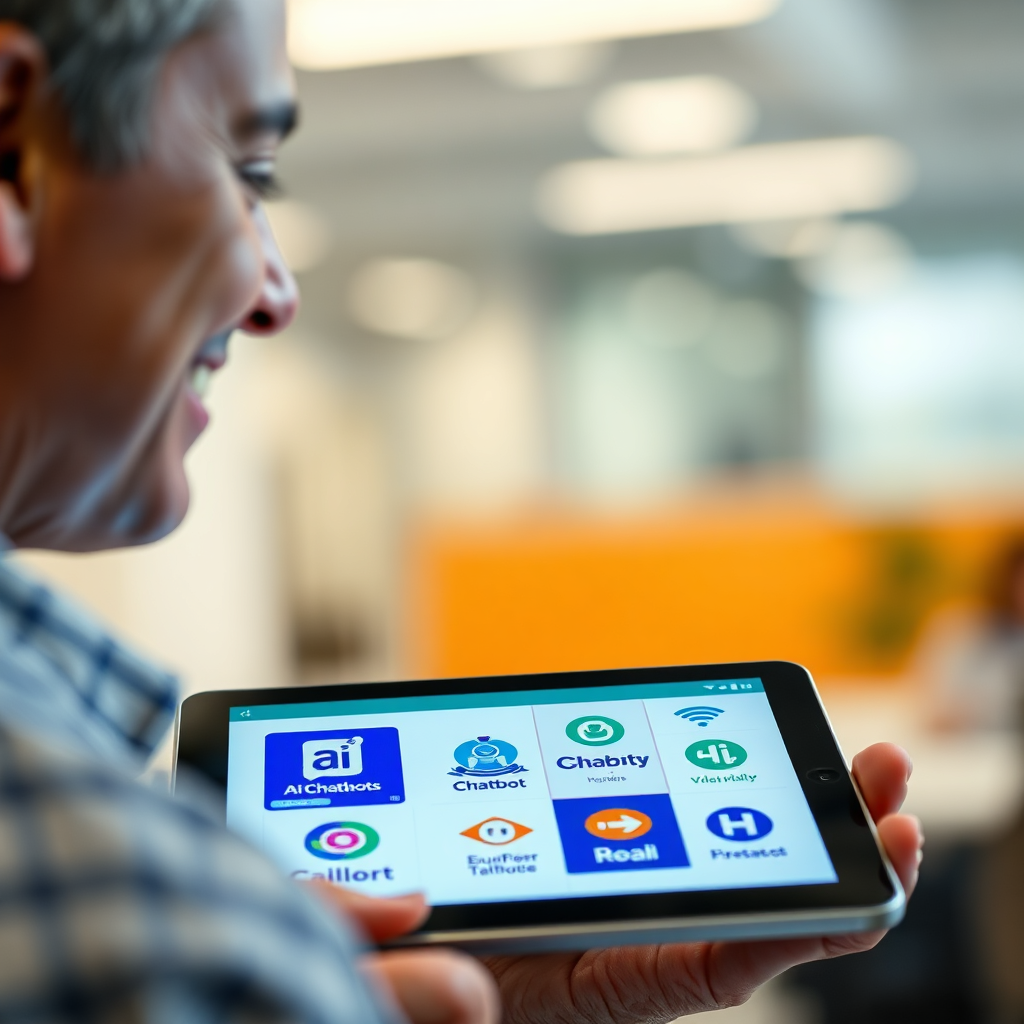 A person looking at a tablet displaying multiple AI chatbot logos. The person is smiling slightly, indicating satisfaction. The background is blurred and suggests a modern office setting. Lighting is soft and diffused. The color palette is primarily blues and whites, with accents of green and orange. Camera angle is a close-up shot focused on the tablet and the person's face. Texture details should be crisp and clear. Technical specs: Photorealistic, 4K resolution, shallow depth of field.