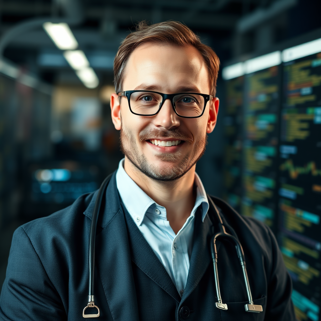 A friendly support agent wearing a headset and smiling while working on a computer. The agent is positioned in a modern office environment with soft, natural lighting. The color palette includes calming blues and greens to convey trustworthiness. The camera angle is a medium shot focusing on the agent's face and upper body. Texture details should be realistic, emphasizing the fabric of the clothing and the headset. Technical specs: Photorealistic, 4K resolution.