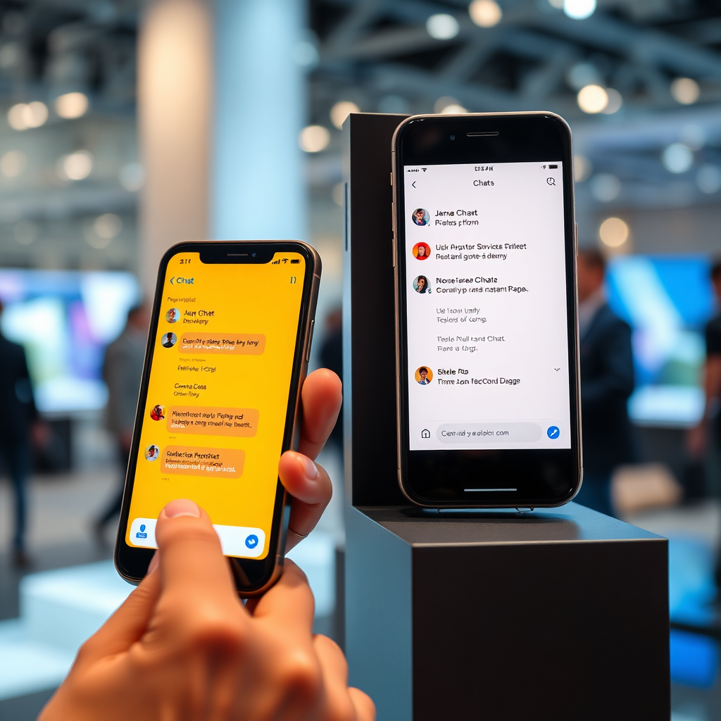 Several smartphone screens displaying various messaging apps, each with a chatbot interface integrated. The screens should be brightly lit and easy to read. The background is blurred and suggests a social setting. Lighting should be soft and natural. The color palette is a mix of bright and pastel colors. Camera angle is a medium shot showing the smartphone screens. Texture details should be smooth and clear. Technical specs: High-quality rendering, 4K resolution.