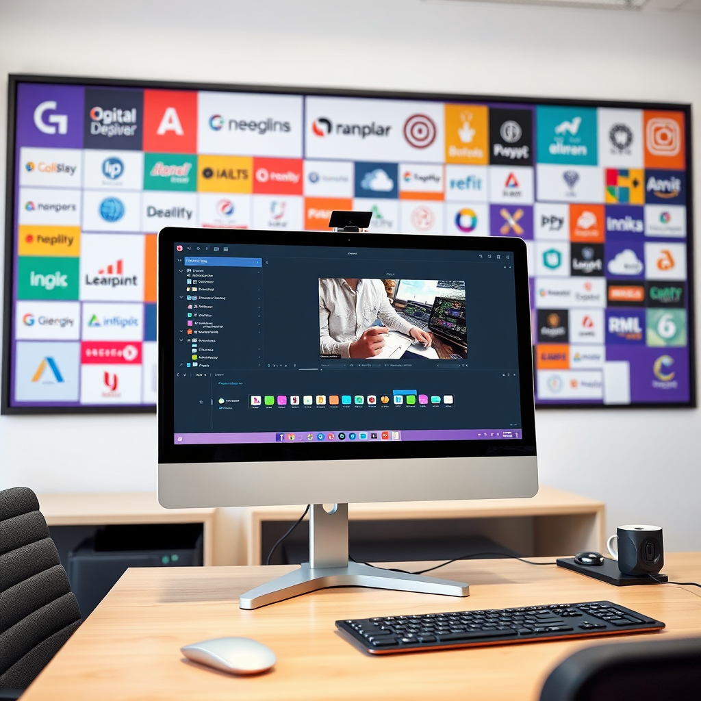 A computer screen showing a chatbot customization interface. The interface should be user-friendly and intuitive. The background shows various branding elements. Lighting should be focused and direct. The color palette is a mix of primary and secondary colors. Camera angle is a medium shot showing the computer screen. Texture details should be sharp and clear. Technical specs: High-quality rendering, 4K resolution.